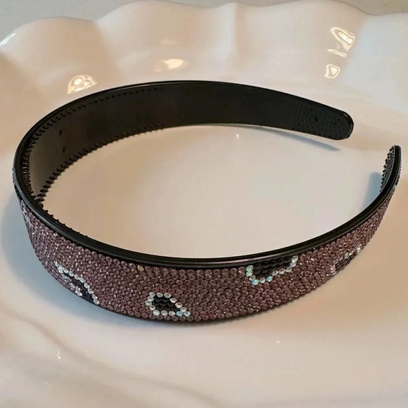 Purple Animal Print Crystal Rhinestone Headband Wide & Flat with Combs - Picture 3 of 5